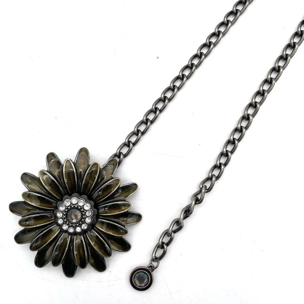 Y2K Oversized Flower Chain Metal Belt Brown Enamel Rhinestone Daisy Statement
